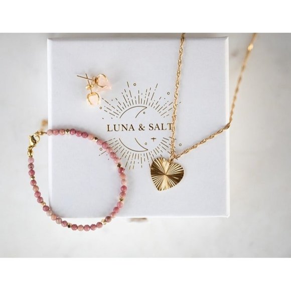 Bundle of 3! Heart Necklace Rose Quartz Stud Earrings Pink Beaded Bracelets - Picture 1 of 11